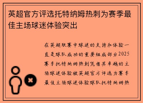 英超官方评选托特纳姆热刺为赛季最佳主场球迷体验突出